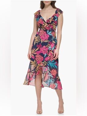 Kensie Tropical Floral Chiffon Faux Wrap Dress NWT